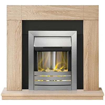 Image of Adam Malmo Fireplace in Oak &amp; Black with Helios Electric Fire Brushed Steel, 39 Inch