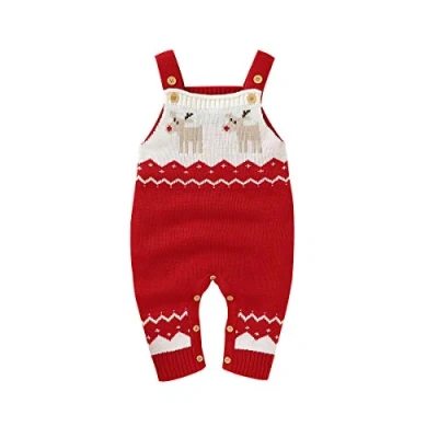 Image of mimixiong Baby Sweater Romper Christmas Jumpsuits Knitted Reindeer Sling Outfit Clothes (0 6 Months/70, Red)
