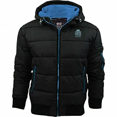 Image of Crosshatch Mens Althorpe Quilted Padded Hood Jacket Fleece Lined Winter Coat Black Blue XL