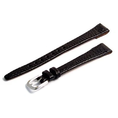 Image of Ladies Open Ended Watch Band Strap for Vintage Watches. Genuine Leather 12mm Black with Chrome (Silver Colour) Buckle