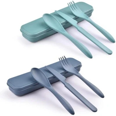 Image of 2 Sets Reusable Cutlery Set with Case, Travel Fork Knife Spoon Set, Portable Plastic for Picnic School Office Lunch (1)