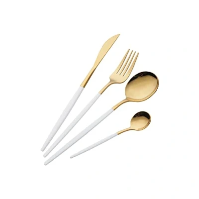 Image of 16 Piece White and Golden Cutlery Set,White Handle Knife Fork Spoon Gold Stainless Steel Cutlery,4 Person Dinner Set (White Gold)