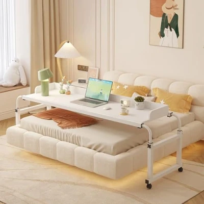 Image of Over Bed Table Adjustable Height,Overbed Computer with Wheels, Overbed Wheels Height(Color:White)