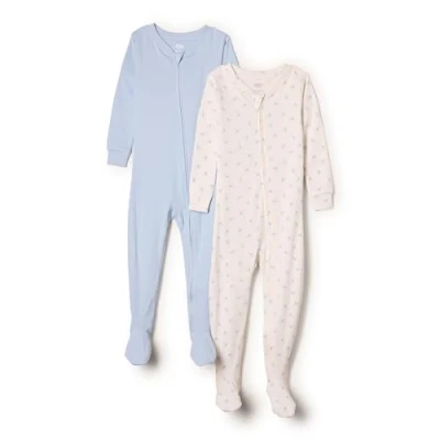 Image of Amazon Essentials x Sofia Grainge Unisex Babies&#039; Snug Fit Cotton Footed Pyjamas, Pack of 2, Little Bunnies/Pale Blue, 0 Months