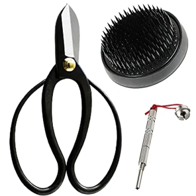 Image of Wazakura 3PCS Japanese Ikebana Essential Tool Set Made in Japan, Floral Arrangement Kit [ Koryu Scissors + 80mm Round Black Kenzan Flower Pin Holder Care ]