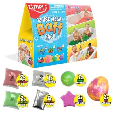 Image of 12 Use Mega Baff Pack from Zimpli Kids, 6 x Bath Bombs, 2 Gelli Baff, Slime &amp; Crackle Children&#039;s Value Sensory Toy Gift Set, Birthday Present for Boys Girls, Water