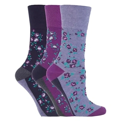 Image of Gentle Grip Ladies 3 Pair Floral Cotton Socks 4 8 Purple