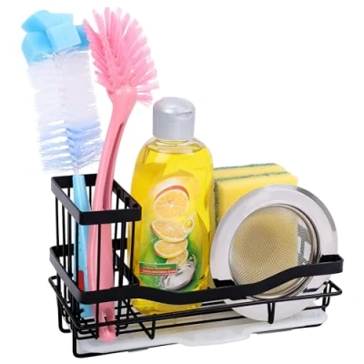 Image of BELLE VOUS Black Iron Kitchen Sink Organiser Caddy Rustproof Dish Cloth Hanger and Sponge Holder Drip Tray Quick Drying Washing Up Accessory Rack for Kitchen/Bathroom Counter