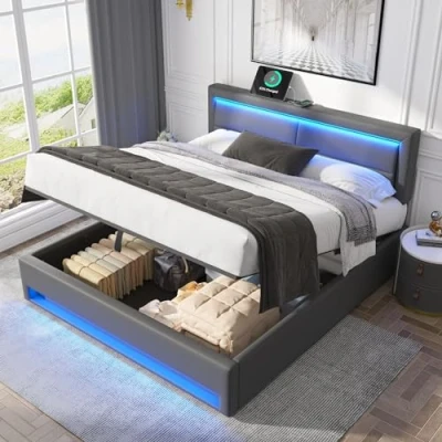 Image of ModernLuxe Upholstered King Size Bed, 5FT Bed Frame with Hydraulic Lever, Functional Storage Ottoman LED lighting, USB port Wireless &amp; Wired Charging, PU Lychee Design, Grey, 150x200cm