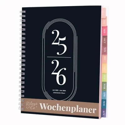 Image of Rileys Planner 2024 2025 Academic Year, 18 Month Weekly &amp; Monthly Agenda Planner, Flexible Cover, Notes Pages, Twin Wire Binding, 20 x 15 cm (Black, German)