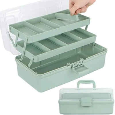 Image of Creahaus 14in 3 Layer Multipurpose Storage Box/Craft Boxes with Compartments/Plastic Tool Box/Medicine Box/Hair Accessories Organiser/Sewing Box 2 Trays (Green)
