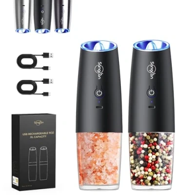 Image of Sangcon Gravity Electric Salt and Pepper Grinder Set, USB Rechargeable with LED Light, One Hand Operation, Automatic Grinding, Adjustable Coarseness