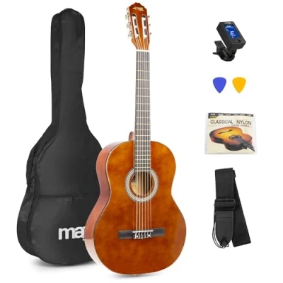Image of Classical Acoustic Guitar Set with Gig Bag, Tuner, Strap and Nylon Strings Beginners Starter Pack, SoloArt 39&quot; Dark Natural