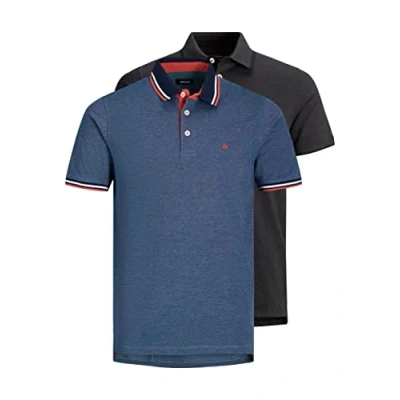 Image of JACK &amp; JONES Men&#039;s Jjepaulos Polo Ss Noos Kosile, Pack of 2 (Dark Grey Mel./Denim Blue), S