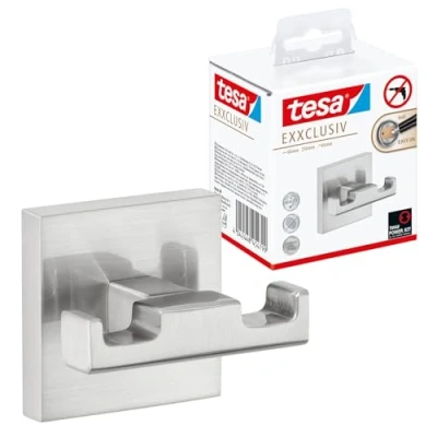 Image of tesa EXXCLUSIV Double Robe Hook Self Adhesive Bathrobe in Stainless Steel Design Wall Mounted Dressing Gown Holder Waterproof, incl. Power.Kit Solution 50mm x 60mm 44mm