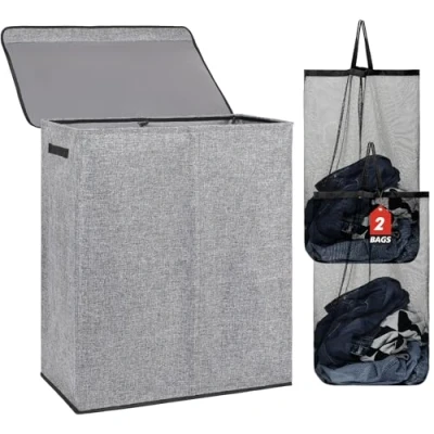 Image of DOKEHOM 150L Double Laundry Basket with Lid and Removable Bags, Large Collapsible Hamper 2 Sections for Bedroom, Bathroom, Room, Colloge (Grey)