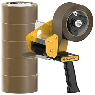 Image of BLOSTM Tape Gun &amp; Strong Packing 6pcs Brown Parcel Dispenser for Boxes With 6 Rolls Of Moving House, Sealing Boxes, Packaging (Brown)
