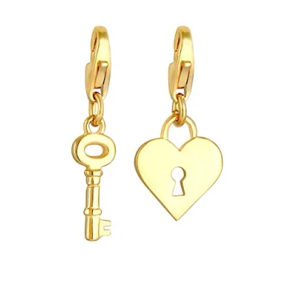 Image of Key and Lock Charm Pendant 925 Sterling Silver Gold Plated for Women, Charms Set Golden with Heart Element in the Sign of Love, Fits All Standard Bracelets Bracelets,