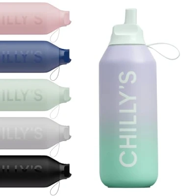 Image of Chilly&#039;s Series 2 Flip Water Bottle with Sports Lid, Telescopic Straw and Nylon Carry Loop Easy Cleaning Brush Included 500ml Morning Haze