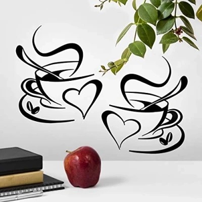 Image of 2 cups wall kitchen art stickers vinyl decal love quotes sticker pub decor coffee tea decoration removable mural walls decals black cup home decorations shop window door decorative arts quote transfer