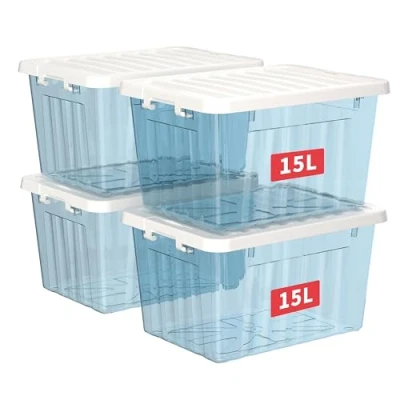 Image of Cetomo 15L*4 Storage Boxes with Lids, Plastic Bins Latching Buckles, Click Closure, Stackable, Nesting, Organizer for Home Office Clothes, Clear Blue, 15L 4 Pack