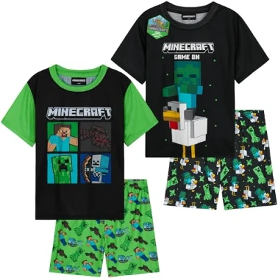 Image of Get Trend Minecraft PJs for Boys 2 Pack Short Sleeve Pyjamas Set Kids Teenagers Creeper Lounge Sets Nightwear Soft Comfy Sleepwear Gifts (11 12 Years, Black Minecraft)