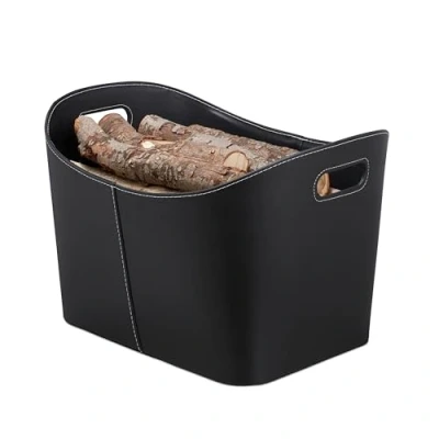 Image of Relaxdays Faux Leather Firewood Basket, Sturdy Log Storage Bin with Handles, Size XL, Black