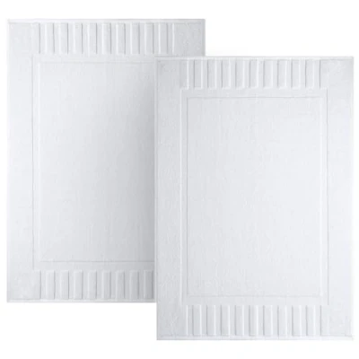 Image of White Classic Set of 2 Bath Mats for Bathroom Floor, 86 x 56 cm Terry Cloth Hotel Styles Mat Pack, Reversible Towel Mats, Machine Washable Shower Floor Towels,