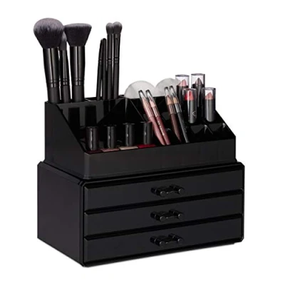 Image of Relaxdays Small Makeup Organizer, 2 Piece Cosmetics Storage with Drawers, Stackable Shelf, Transparent
