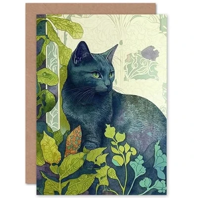 Image of Artery8 Russian Blue Cat with Bright Ornate Plants Modern Art Nouveau Illustration Birthday Sealed Greeting Card Plus Envelope Blank inside