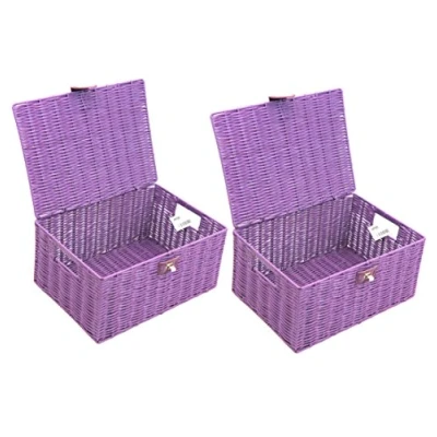 Image of 2 x Arpan Resin Woven Storage Hamper Basket Box With Lid &amp; Lock (Purple Medium)