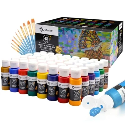 Image of Artecho Acrylic Paint Set 48 Colors 2 Ounce/59ml with 10 Brushs, Basic Supplies for Wood, Fabric, Crafts, Canvas, Leather&amp;Stone