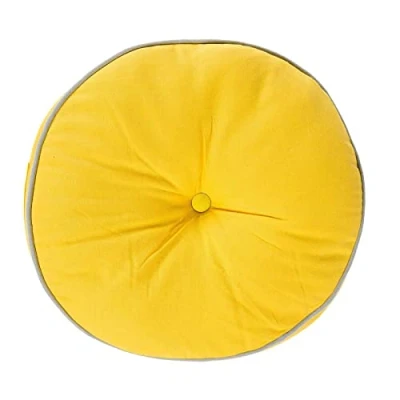 Image of HOMESCAPES Yellow and Grey Round Floor Cushion Large Decorative Circular Children’s &amp; Garden Seat Pad, Pre Filled 100% Cotton Indoor Outdoor Cushion, 43cm