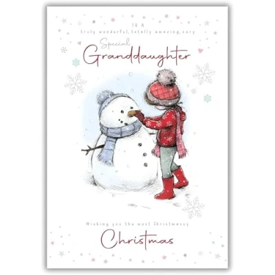 Image of Granddaughter Christmas Card Special Snowman and Love Hearts Artistic Festive Design Finish Made in the UK Eco Friendly
