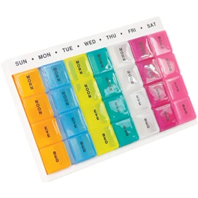 Image of 7 Day Pill Dispenser Tablet Box Organiser 4 Compartments per Day, Morn, Noon, Eve and Bed for those who take many Tablets Every Easy Medication Management Organisation Ideal Travel
