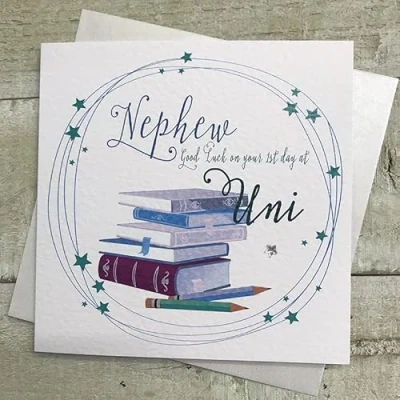 Image of NEPHEW 1ST DAY AT UNI GOOD LUCK CARD, HANDMADE BY WHITE COTTON CARDS (SP115 NEP)
