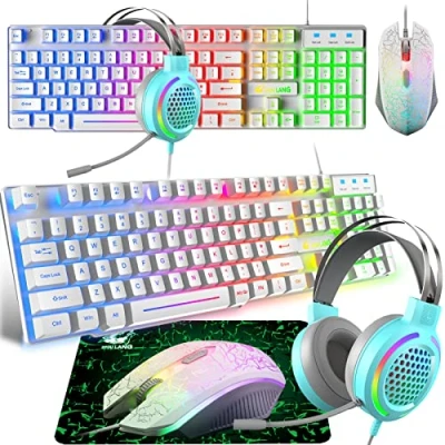 Image of Gaming Keyboard Headset &amp; Mouse Set, 104 Keys Rainbow Backlit UK Layout 2400DPI 7.1 Surround Sound RGB Lightweight Honeycomb Pad Combo for PS4 XBox(Need Adapter) White