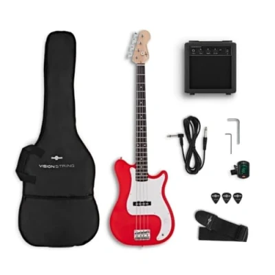 Image of VISIONSTRING Electric Bass Guitar and Amp Kit for Adults Beginners Full Size Guitars, Red