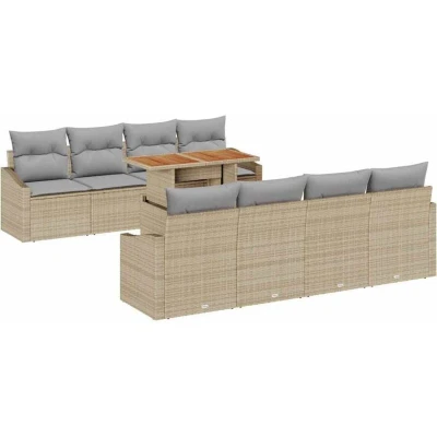 Image of vidaXL 9 Piece Garden Dining Set with Cushions Beige Poly Rattan Acacia
