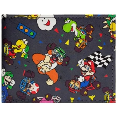 Image of Rainbow Road Mario Racing Lakitu Chequered Flag Wallet Bi Fold ID &amp; Card Holder, Grey