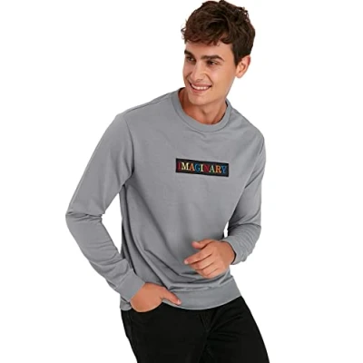 Image of Trendyol Men&#039;s Crew Neck with Slogan Regular Sweatshirt, Gray, XXL