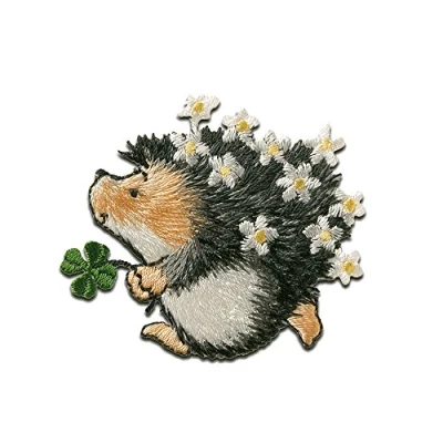 Image of Iron on Patches Margaret Sherry Hedgehog with Cloverleaf Gray 4,6x4,8cm Application Embroided Patch Badges