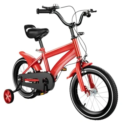Image of Charocean 14 Inch Kids Bike for 3 7 Years Boys &amp; Girls, Children with Stabilisers Bell, Bicycle Basket Fenders, Beginner Cycle Adjustable Seat (Red)