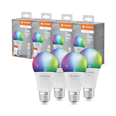 Image of LEDVANCE Smart+ Matter LED lamp, White Frosted Look, 14W, 1521lm, Classic Bulb Shape with E27 Base, Color Light and Light, app or Voice Control, Life of up to 20,000 Hours, 4 Pack