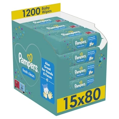 Image of Pampers Fresh Clean Baby Wipes 15 Packs of 80 = 1200 Wet Wipes, Also Great For Hands And Faces