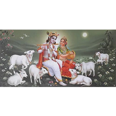Image of Inga Radha Krishna Divine Cows Poster Exclusive Art Paper Home Decor Wall Metal Sign 8x12 inches