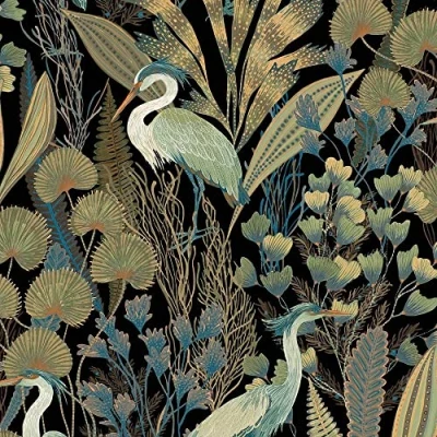 Image of Ciara Tropical Cranes and Birds Black Vinyl Wallpaper Floral Botanical Multicoloured Paste The Wall Modern Contemporary