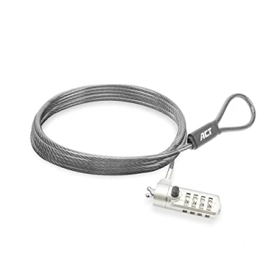 Image of ACT Laptop Lock Security Cable 2m, Password Protection 4 Digit Combination Lock, Wedge Slot Notebook Swivel Head, Dell, Portable Anti Theft AC9035