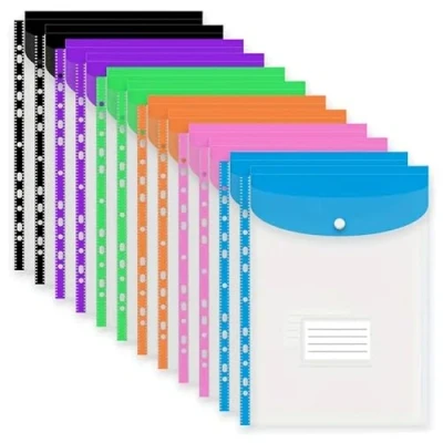 Image of KAV A4 Punched Pockets Plastic Document Wallets Expandable Clear File Folder Convenient Snap Button Top Opening Sleeves 12 Pack Assorted Colours
