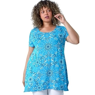 Image of Roman Curve Womens Paisley Back Bar Stretch Tunic Top Turquoise Size 18 UK